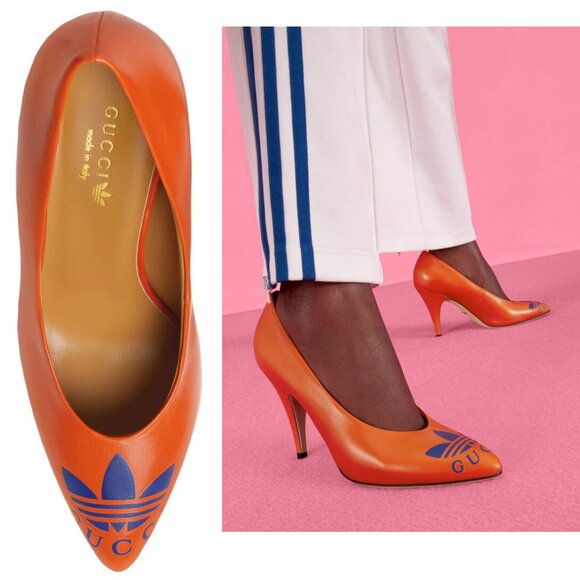 GUCCI SHOES ADIDAS X TREFOIL ORANGE LEATHER PUMPS w LOGO sz 37 / 7 - Picture 1 of 16